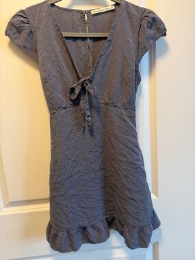 Abercrombie & Fitch Dusty Blue V-Neck Tie-Front Ruffle Mini Dress